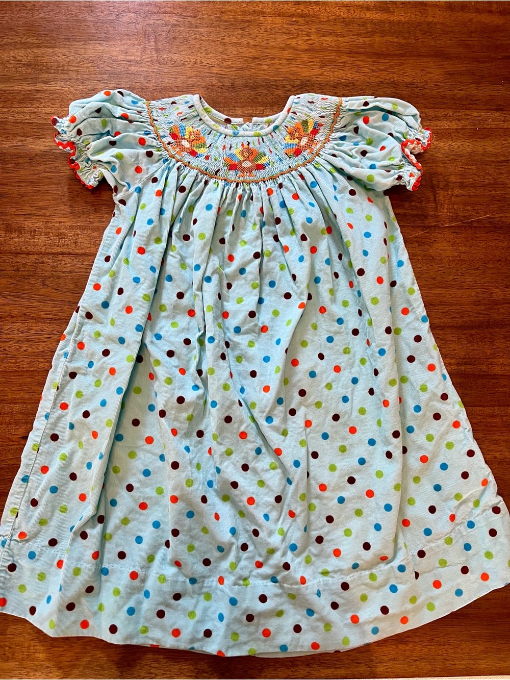 Velani Classics Light Blue Polka Dot Smocked Bishop Dress with Turkey Embroidery